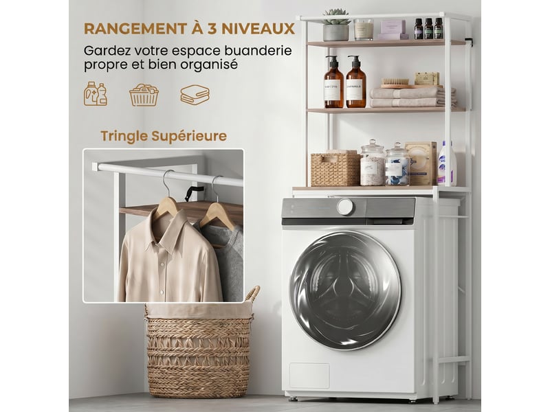  Étagère de machine à laver 3 niveaux, marron et blanc, meuble pour lave-linge et sèche-linge avec barre de suspension  - Conforama E