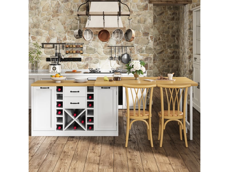  Desserte de cuisine avec plateau pivotant, 2 tiroirs, range-bouteilles et porte-poubelle, mdf blanc, 120×40×73,8 cm  - Conforama C