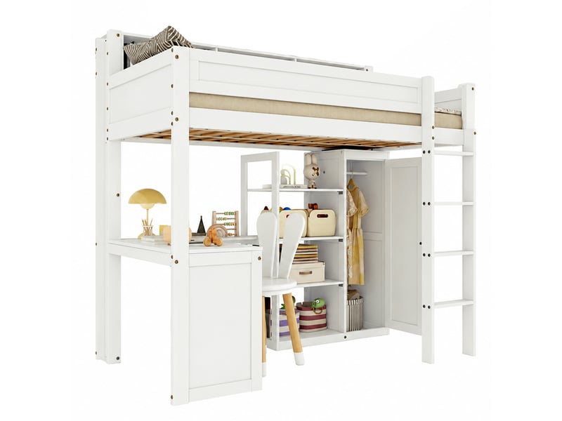  Lit superposé enfant 90 x 200 cm avec bureau, armoire, rangements et échelle, blanc  - Conforama A