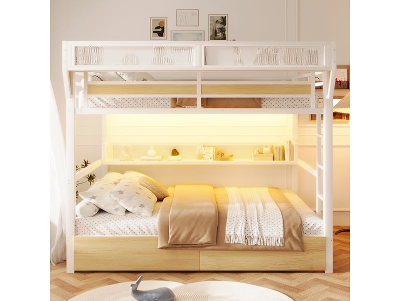  Lit superposé modenvie 140 x 200 cm avec rangement led métal mdf blanc  - Conforama E
