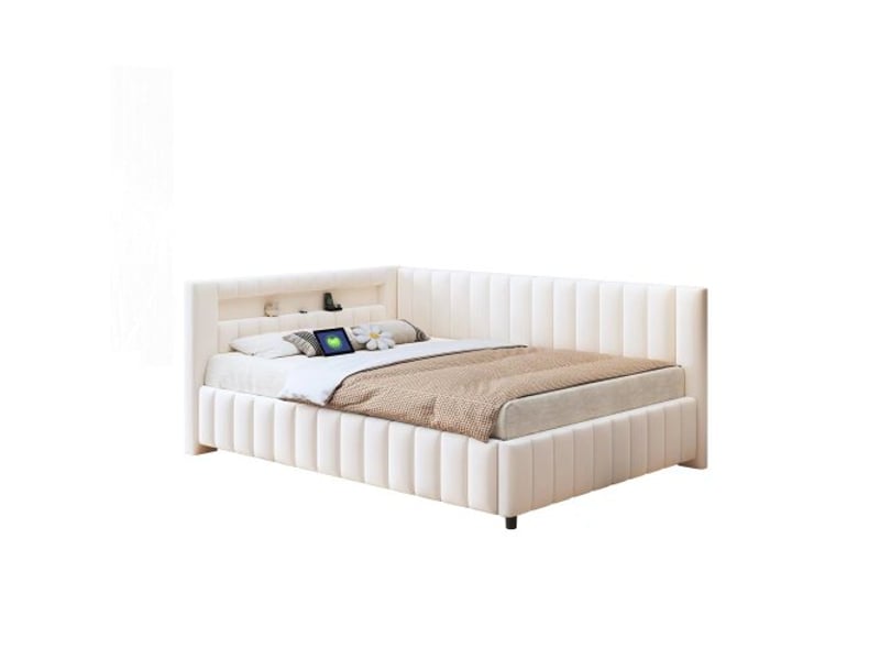 Canapé-lit rembourré 140x200 avec éclairage led et prise usb, lit de jour avec sommier à lattes et tête de lit, tissu velours, beige  - Conforama A