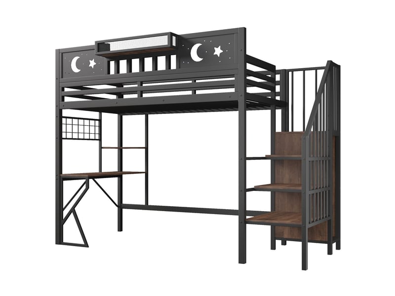  Lit enfant 90 x 200 cm cadre en fer panneau perforé plusieurs étagères bureau intégré prise usb garde-corps de sécurité éclairage led pieds en k finition noire  - Conforama A