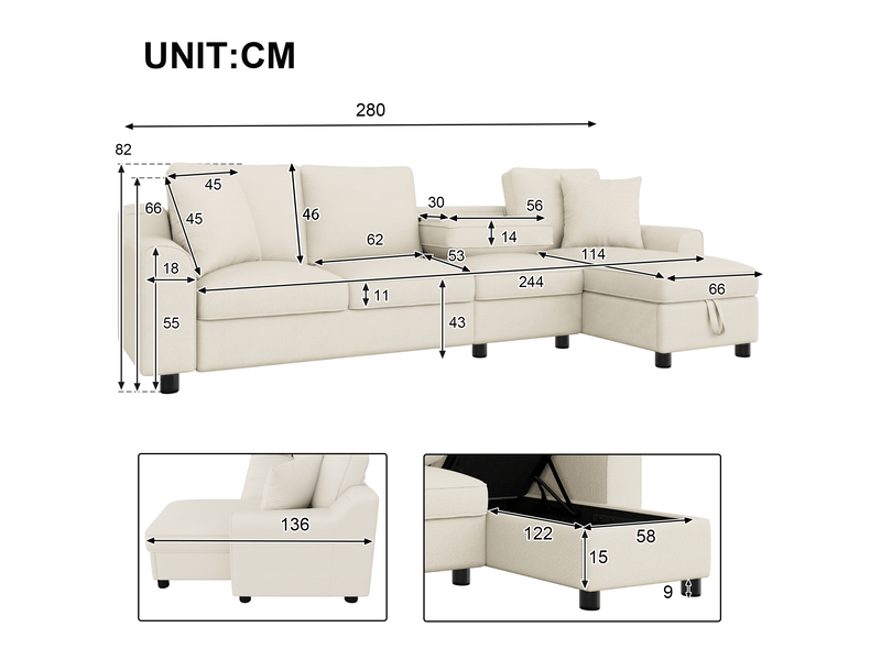  Canapé d'angle xxl 4 places l 280 cm en chenille - méridienne avec rangement - dossier rabattable - porte-gobelets - beige OPULERANE TRADING LTD - Conforama C