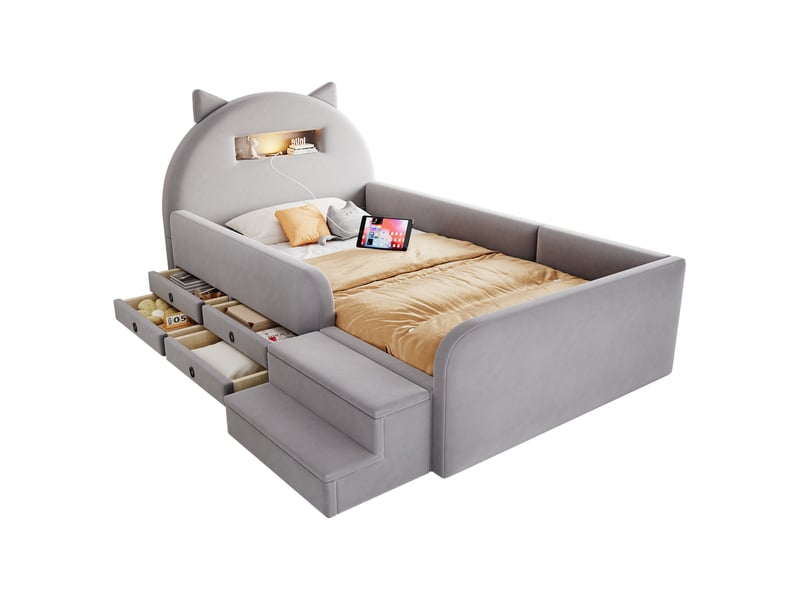  Lit rembourré 90x200 cm – lit enfant confortable avec 4 tiroirs led et usb – velours – gris clair CozyNest - Conforama A