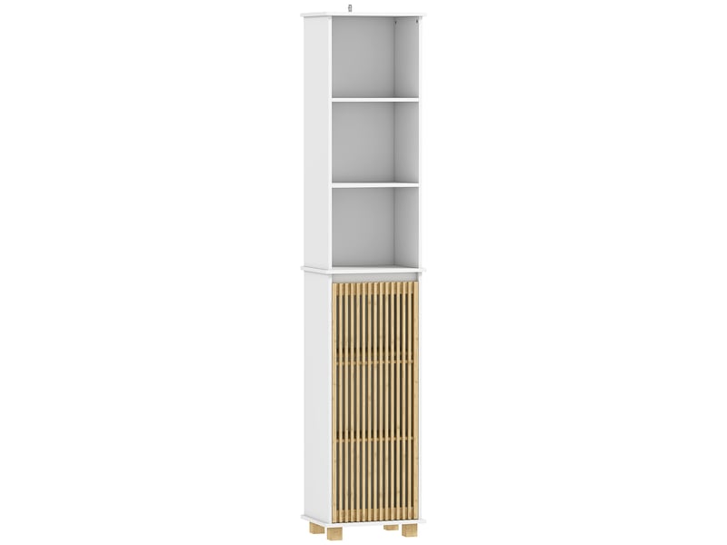  Colonne salle de bain, blanc, meuble salle de bain rangement avec porte à lattes en bambou et compartiments ouverts  - Conforama B