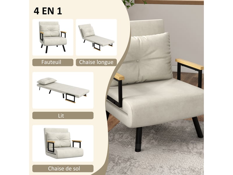  Fauteuil convertible 4 en 1 lit 1 place dossier 5 positions, tissu effet velours, accoudoirs en bois et coussin, crème  - Conforama D