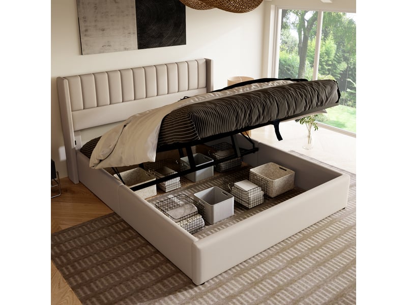  Lit coffre hydraulique 140x200 cm en lin, lit rembourré avec tête de lit capitonnée, sommier à lattes et rangement sous lit - beige (sans matelas)  - Conforama B