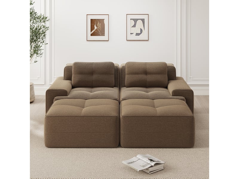 Canapé d'angle, canapé modulable – sans montage, avec pouf, en velours tricoté, forme u, 2 places, marron, style cloud, sans cadre, assise profonde - Conforama R