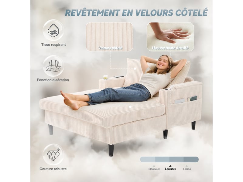  Chaise longue beige en velours côtelé avec led, rangement et usb, 1 place  - Conforama B