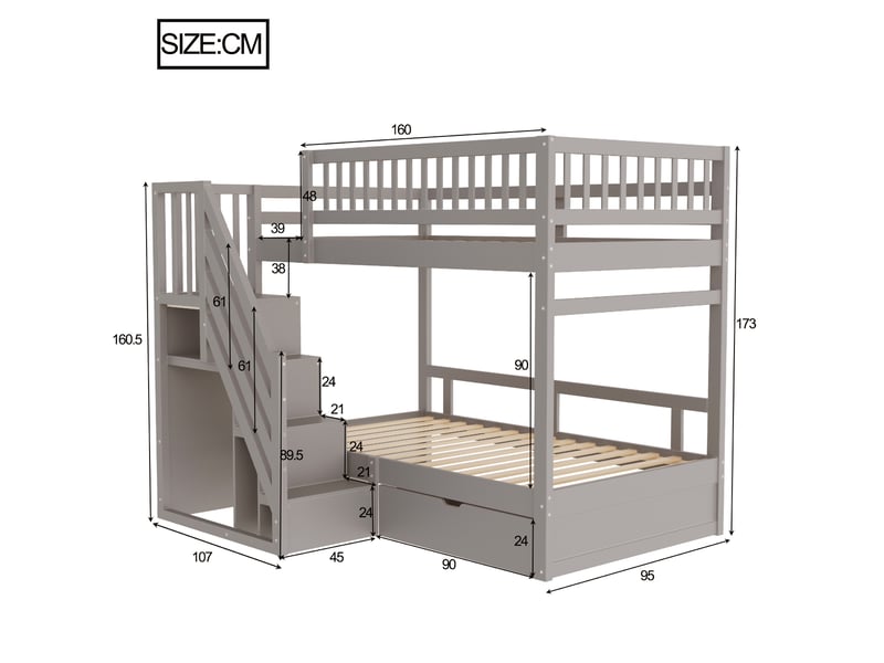  Lit superposé 90x200 cm - lit avec échelle, tiroirs et espace de rangement pratique - structure en pin et mdf - sans matelas - gris  - Conforama C