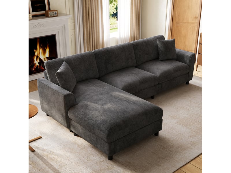 Canapé d’angle 3 places avec méridienne réversible en tissu chenille gris, 256x137x79 cm  - Conforama W