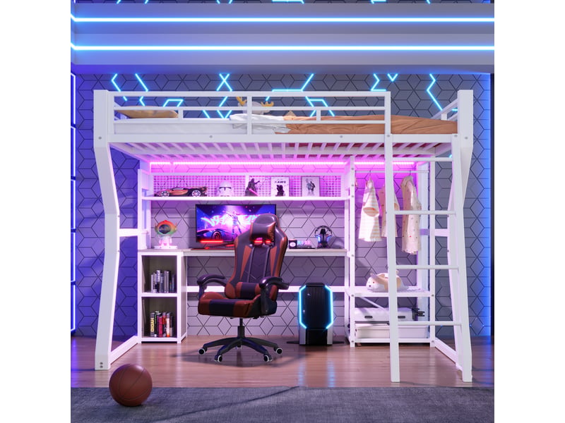 Lit mezzanine 140x200 cm avec bureau, rangements et bande lumineuse blanc - Conforama E