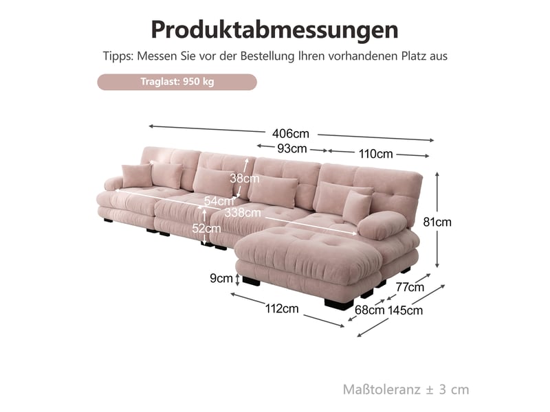 Canapé d’angle panoramique 4 places en tissu rose, 406 cm, modulable W3325S00057 - Conforama E