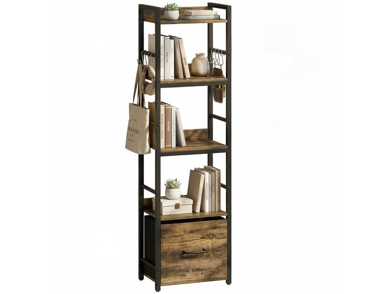  Bibliothèque à 4 niveaux, étagère de rangement étroite avec tiroir, 8 crochets, , 39 x 26 x 136,5 cm, brun rustique  - Conforama A