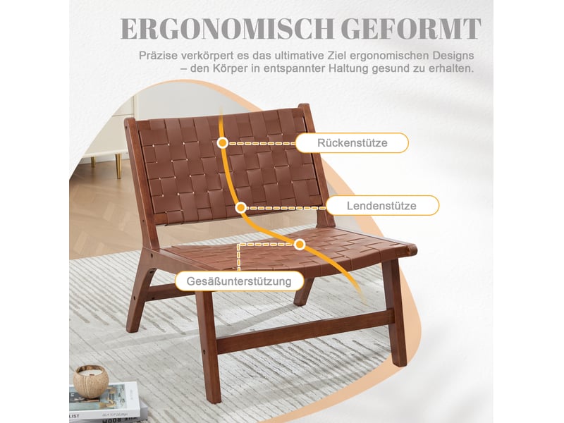  Fauteuil détente sans accoudoirs 66x71x72 cm, tressage pu, cadre en bois, style industriel, marron  - Conforama D