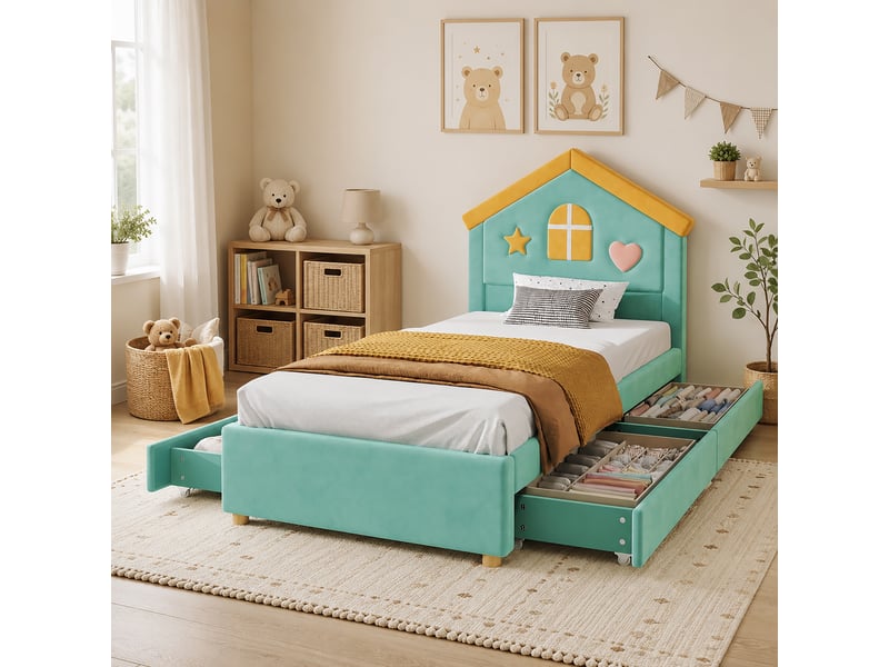  Lit 90x200 cm - lit enfant 90x200 - lit simple rembourré velours avec tête de lit maisonnette et 4 tiroirs - bleu  - Conforama C