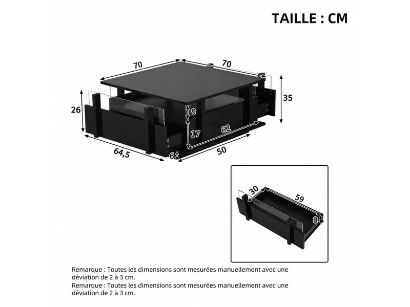  Table basse noire brillante avec 2 tiroirs et led, 70 x 70 x 35 cm  - Conforama C