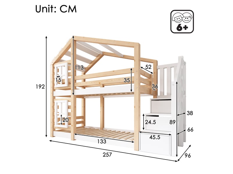  Lit superposé enfant cabane 90 x 200 cm avec rangements et 2 sommiers à lattes  - Conforama C