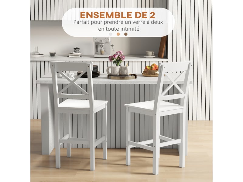  Lot de 2 chaises hautes, blanc, chaises de bar style campagne chic en bois hauteur 60 cm avec repose-pieds  - Conforama A