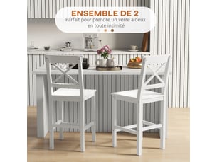 Lot de 2 chaises hautes, blanc, chaises de bar style campagne chic en bois hauteur 60 cm avec repose-pieds
