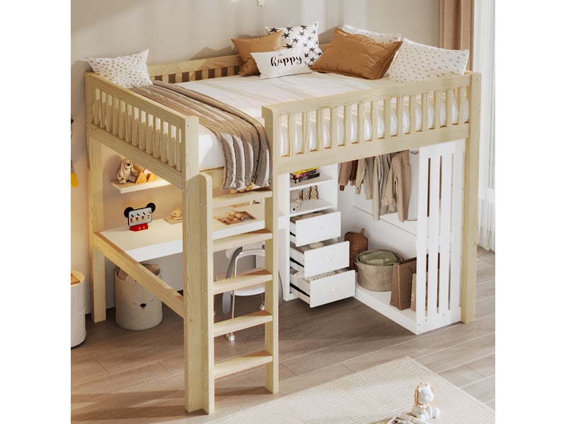  Lit mezzanine 140*200cm sans matelas, pin et mdf, bureau, armoire, 3 tiroirs, échelle, naturel  - Conforama C