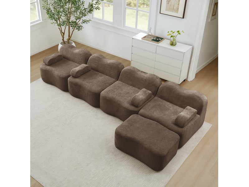  Canapé d'angle modulable 4 places en velours marron avec ottoman, dossier ondulé pour votre salon familial  - Conforama E