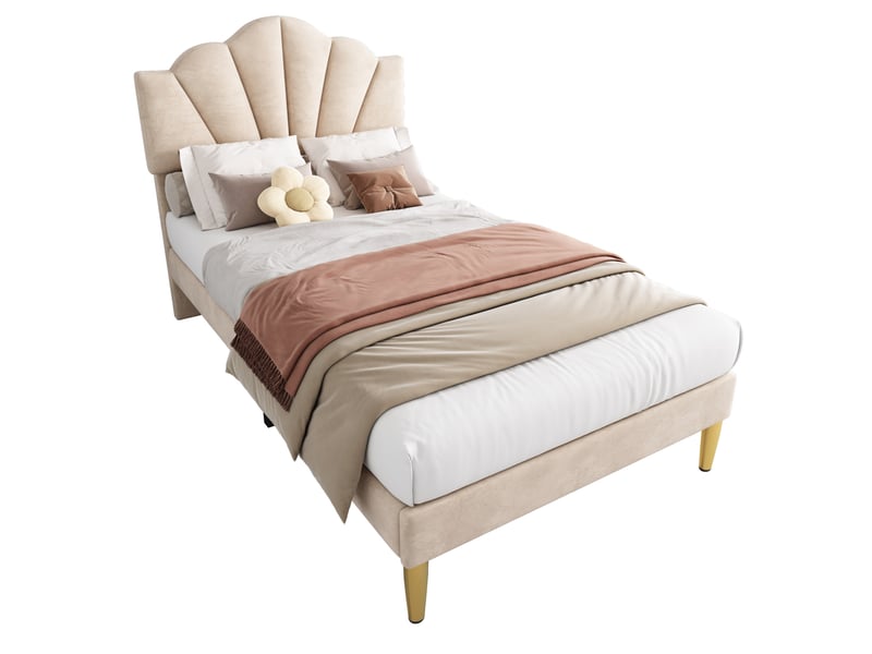 Lit simple 90x200 cm en velours beige à tête de lit réglable - Conforama A