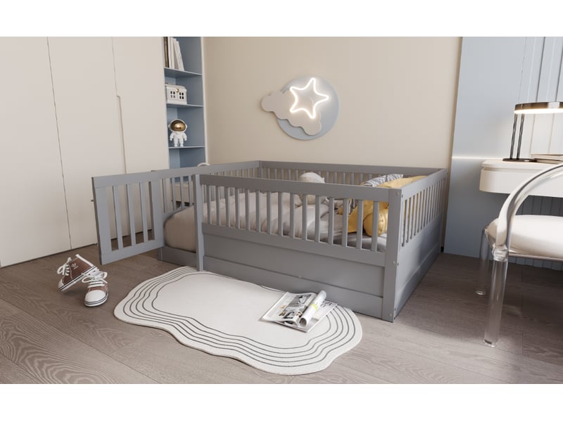  Lit 1 personne 140 x 200 cm pas de sommier a lattes, lit enfant a cadre en bois avec barrières et porte, cadre de lit, gris  - Conforama R