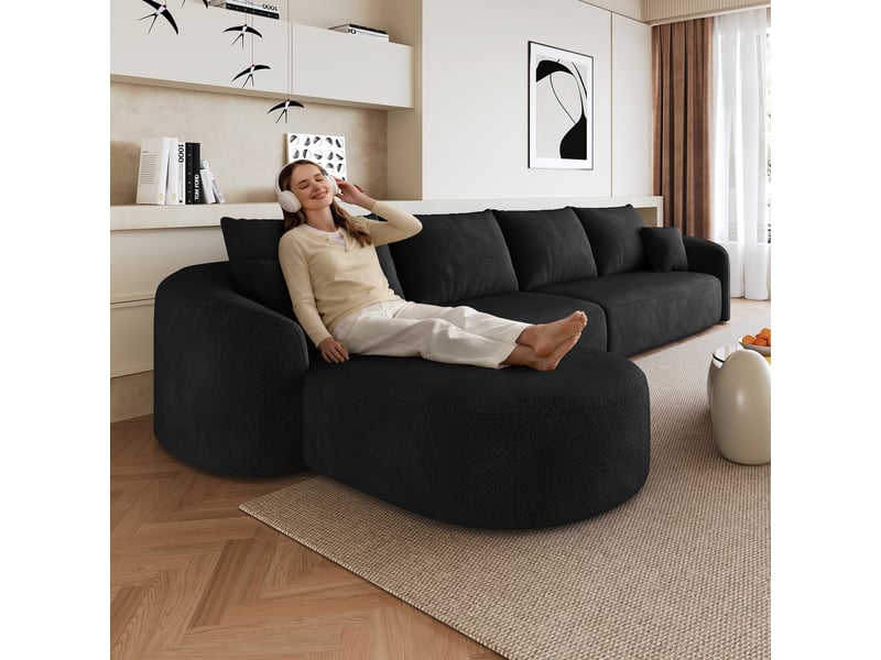  Canapé d'angle modulable noir en tissu, canapé d'angle contemporain sans montage pour salon et chambre, structure flottante  - Conforama E