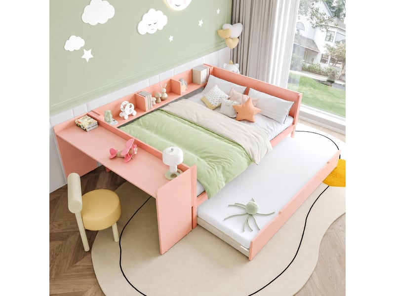 Lit double 140x200 avec lit gigogne, bureau intégré et 3 étagères, sans matelas, rose - Conforama C