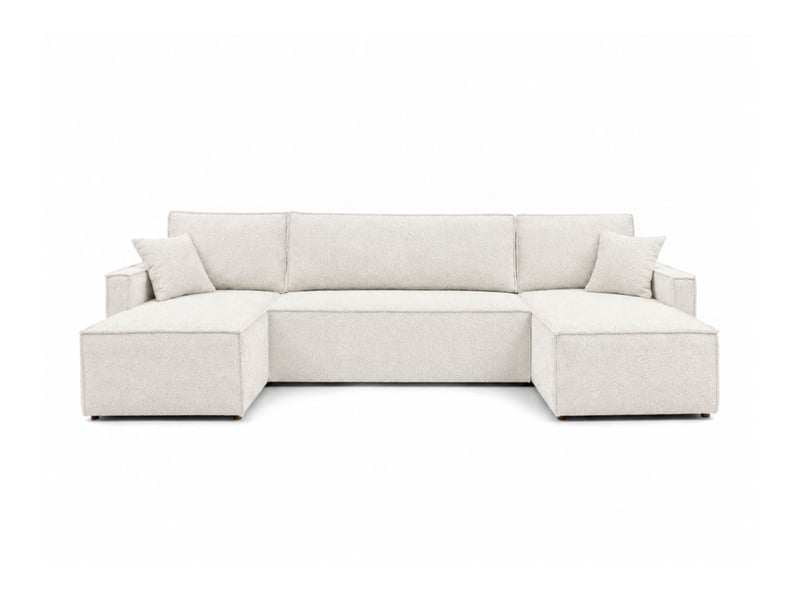 Farah - canapé d'angle panoramique convertible 6 places accoudoirs slim en tissu bouclettes généreuses - Conforama E