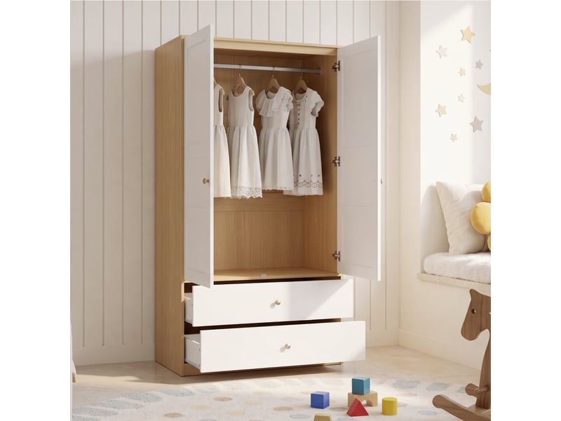  Armoire penderie 2 portes 2 tiroirs en mdf, blanc et effet bois, 100 x 48 x 180 cm  - Conforama D