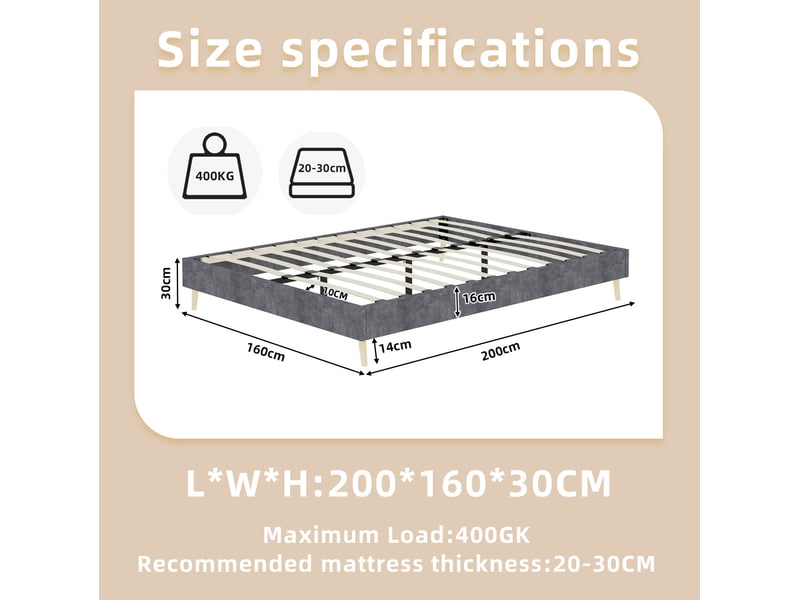  Lit adulte 160 × 200 cm 2 places avec rangement sous le lit, sans matelas, en velours hollandais gris  - Conforama D