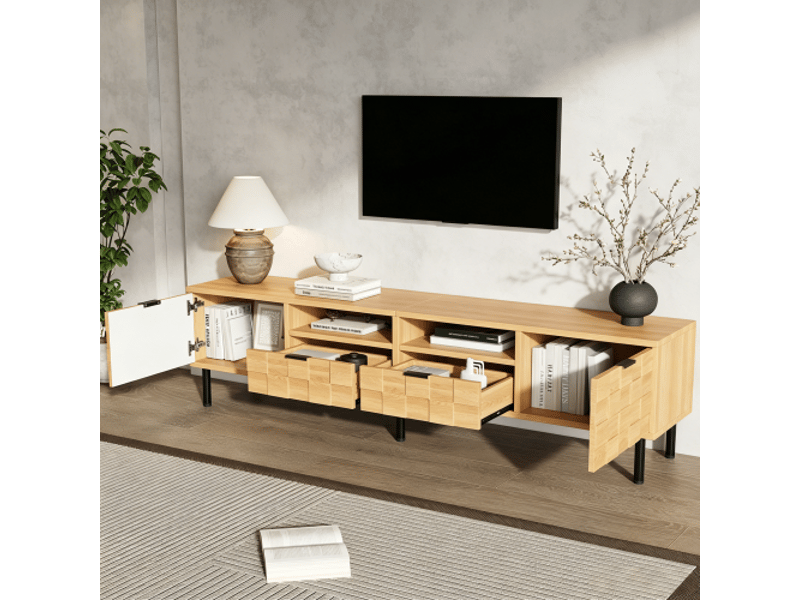  Meuble tv bois naturel 200x35x44,5 cm – console salon 2 tiroirs, 2 portes battantes, décor carrés 3d, tv 80 pouces  - Conforama B