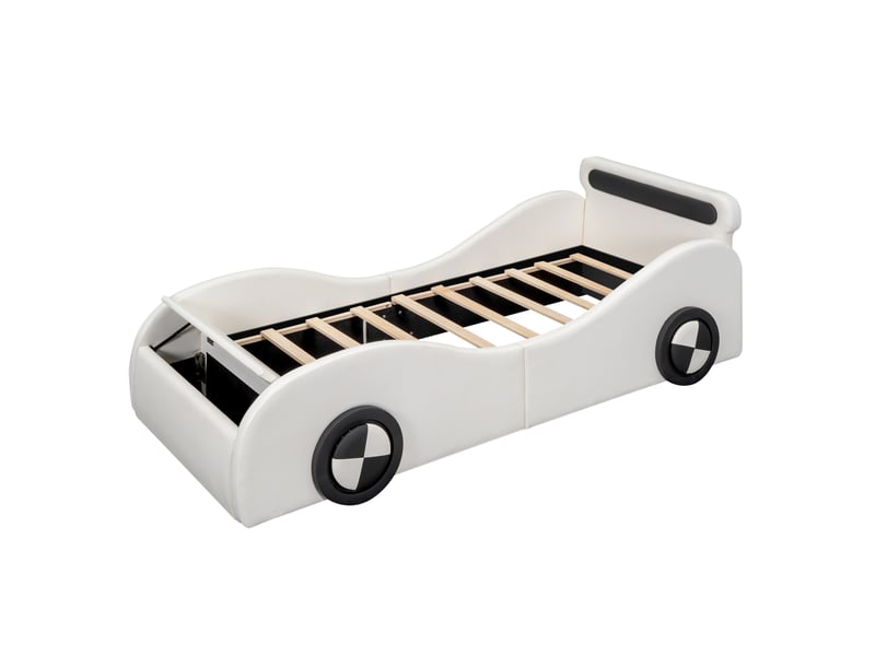 Lit simple enfant 90x200 cm – blanc – voiture avec roues lumineuses réglables et rangement - sans matelas - Conforama A
