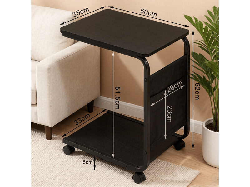  Table basse fixe avec 2 étagères, poche latérale et roulettes pour salon 50×62×35 cm noir  - Conforama E