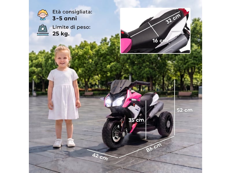 Moto électrique pour enfants de 37 à 60 mois avec pédales, phares, musique et klaxon, vitesse maximale de 3 kmh, poids maximal de 25 kg, rose  - Conforama E