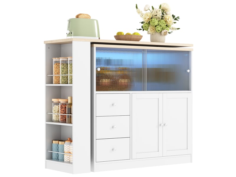  Îlot de cuisine 172x40x96 cm avec plateau pivotant, rangements et led blanc  - Conforama A