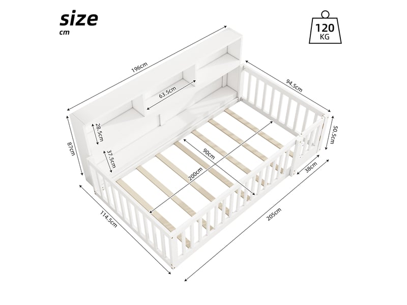  Lit banquette simple 90×200 cm avec barrières et étagères  - sans matelas, pin et mdf - blanc  - Conforama D