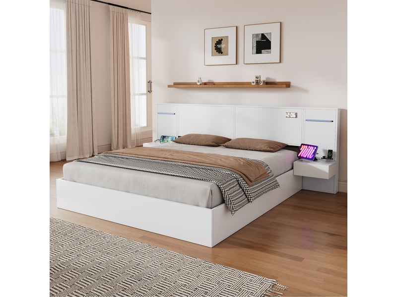  Lit double connecté 180 x 200 cm, ports usb, horloge intégrée, haut-parleurs bluetooth, éclairage led, chevets intégrés, pour la chambre, mdf, blanc ABC - Conforama D