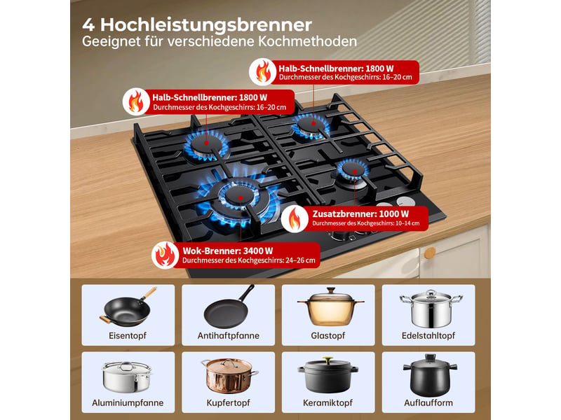 Plaque de cuisson gaz 4 feux, plaque gaz encastrable 60 cm en verre trempé noir, grilles en fonte, allumage électronique - Conforama B