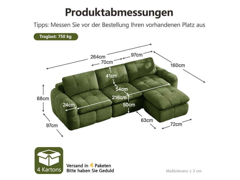  Canapé d’angle modulaire 264x160x68 cm 3 places vert avec pouf  - Conforama C