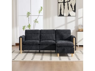 Canapé d’angle modulable 3 places avec pouf de rangement, méridienne réversible, tissu chenille, poches latérales, noir