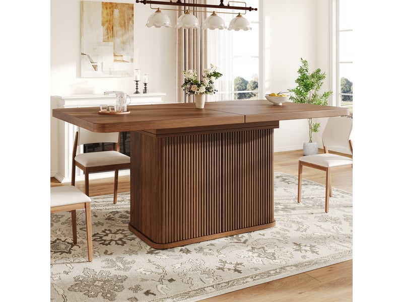  Table à manger extensible 140-180x80 cm avec rangement caché, portes rainurées verticales, pieds réglables, mdf effet bois brun foncé  - Conforama B