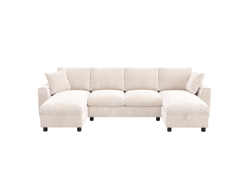 Canapé en u tissu chenille beige avec coffre 279cm - ports usbtype-c et assises amovibles - Conforama A