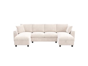 Canapé en u tissu chenille beige avec coffre 279cm - ports usbtype-c et assises amovibles