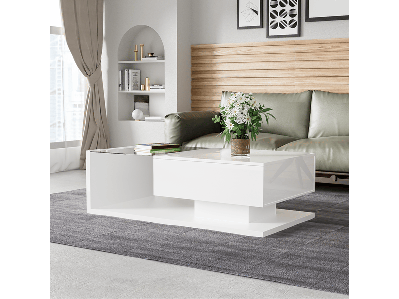  Table basse 105x55x32.5cm laquée haute brillance et verre trempé avec led 16 couleurs | niche ouverte | charge 30kg - blanc  - Conforama C