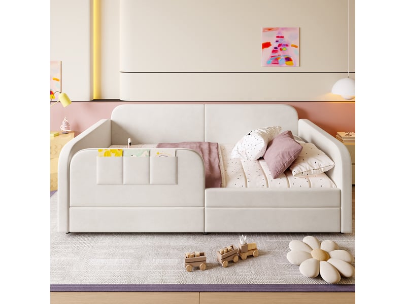  Lit enfant 90x200 cm avec 2 tiroirs et poches de rangement blanc  - Conforama B