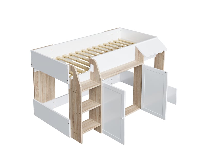  Lit superposé enfant 90x200 cm, lit mezzanine mi-hauteur avec portes, un seul sommier, pin, blanc et bois, sans matelas  - Conforama D