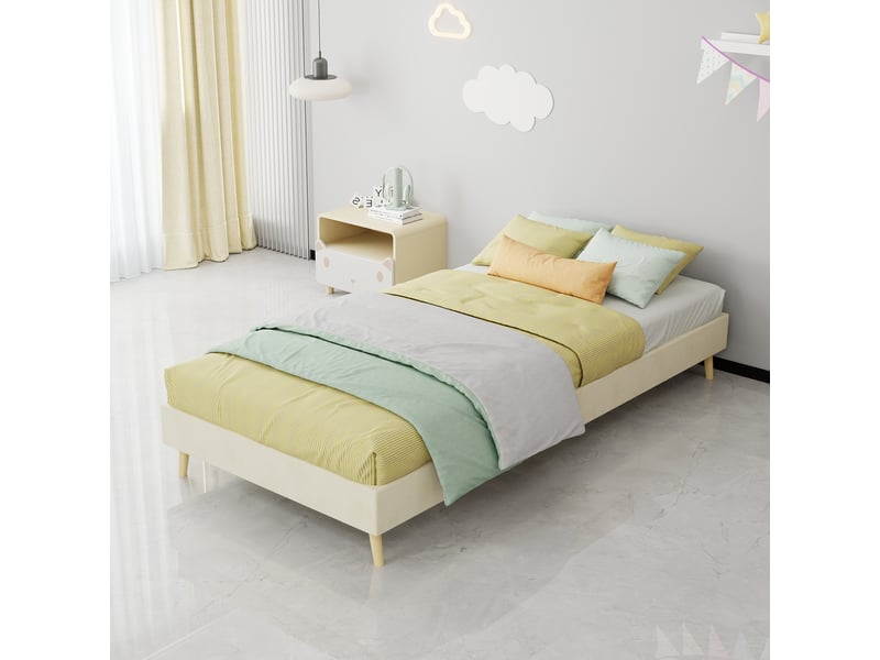  Cadre de lit, lit enfant 90x200 cm, rangement hydraulique, cadre bas, velours beige, sans matelas, réf. 354894  - Conforama A